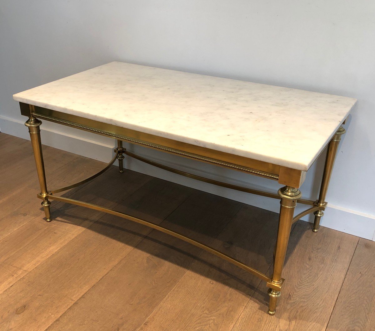 Neoclassical Style Brass Coffee Table With White Carrara Marble Top. French. Circa 1940-photo-8