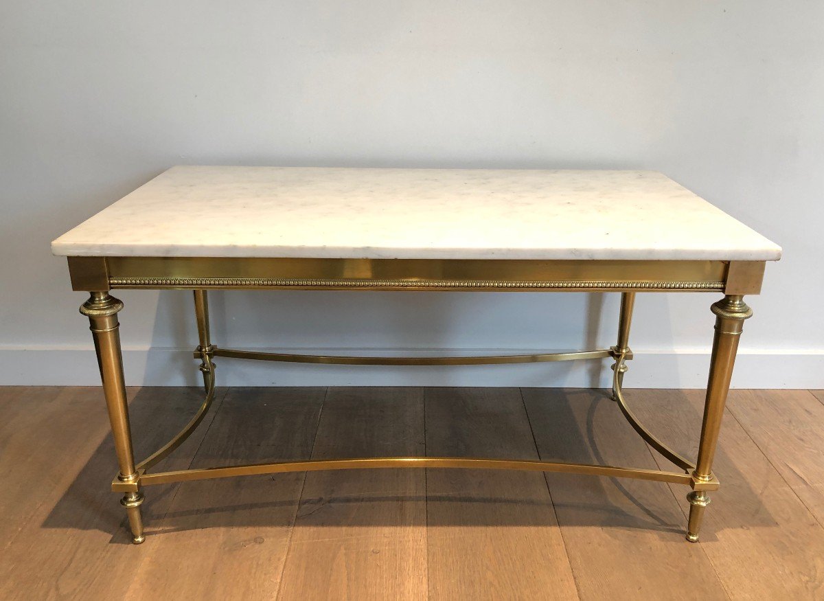 Neoclassical Style Brass Coffee Table With White Carrara Marble Top. French. Circa 1940