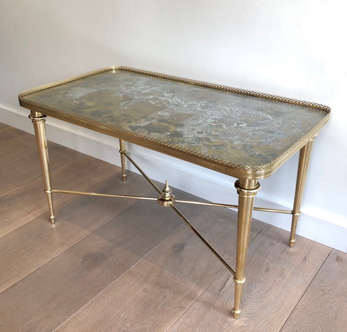 Brass Coffee Table With Eglomised Mirror Top. French Work Attributed To Maison Ramsay. 1940's-photo-8
