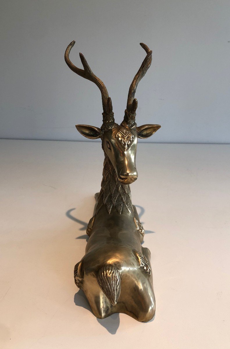 Brass Lying Deer With Shamanic Inlays. French Work, Circa 1970-photo-1