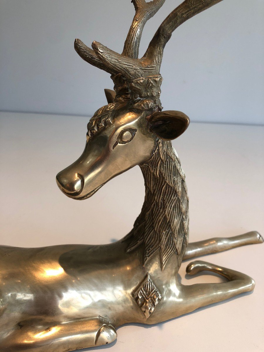 Brass Lying Deer With Shamanic Inlays. French Work, Circa 1970-photo-3
