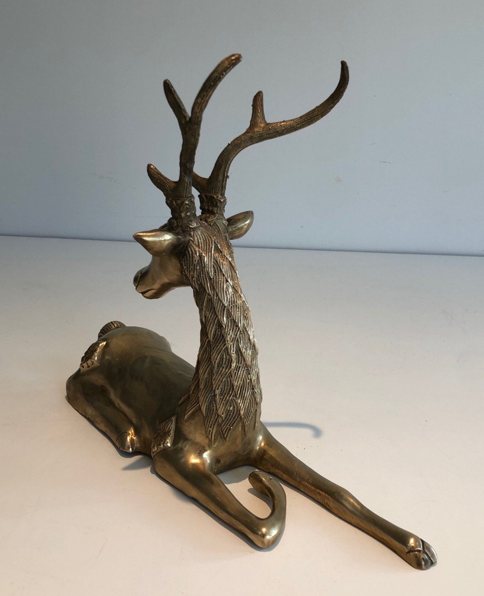 Brass Lying Deer With Shamanic Inlays. French Work, Circa 1970-photo-6