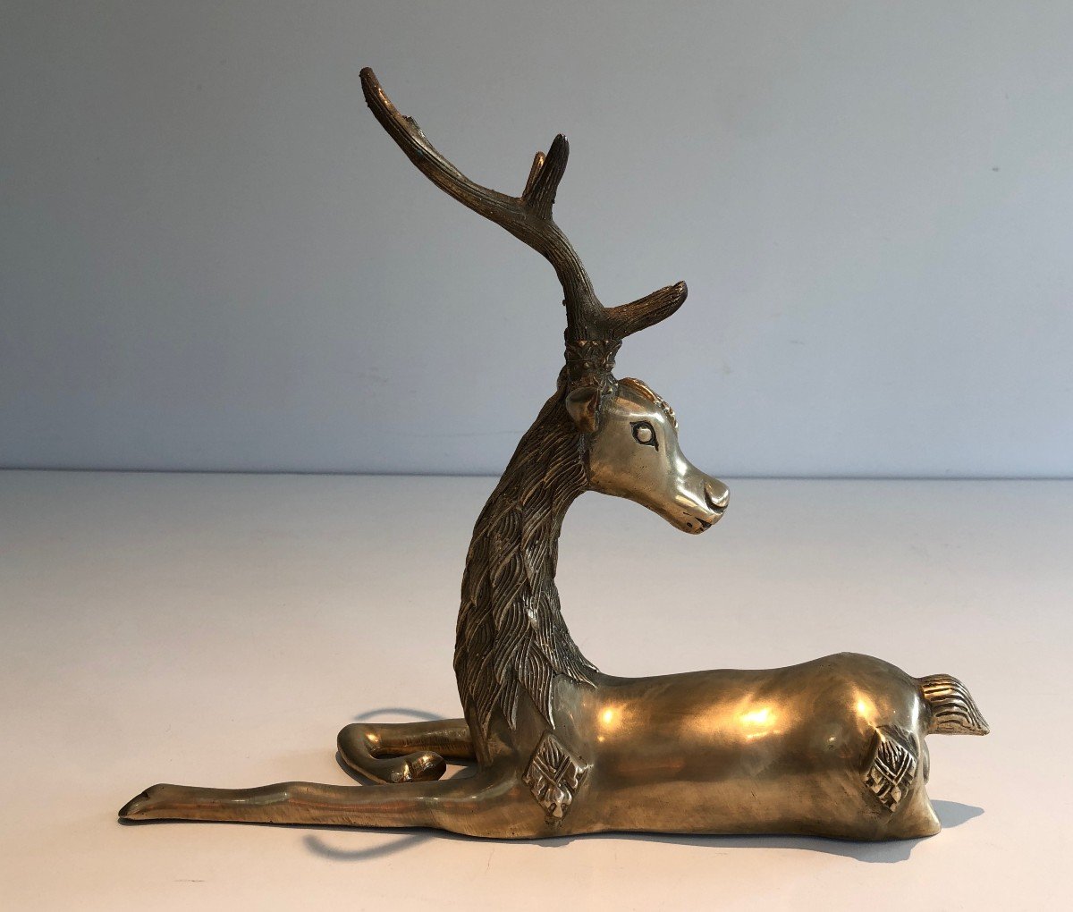 Brass Lying Deer With Shamanic Inlays. French Work, Circa 1970-photo-7
