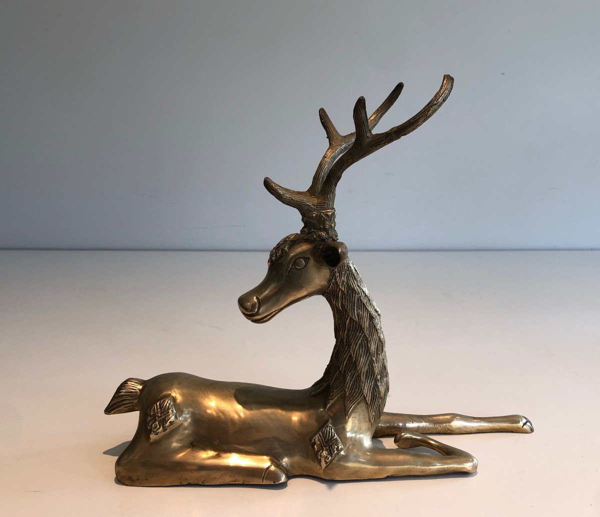 Brass Lying Deer With Shamanic Inlays. French Work, Circa 1970