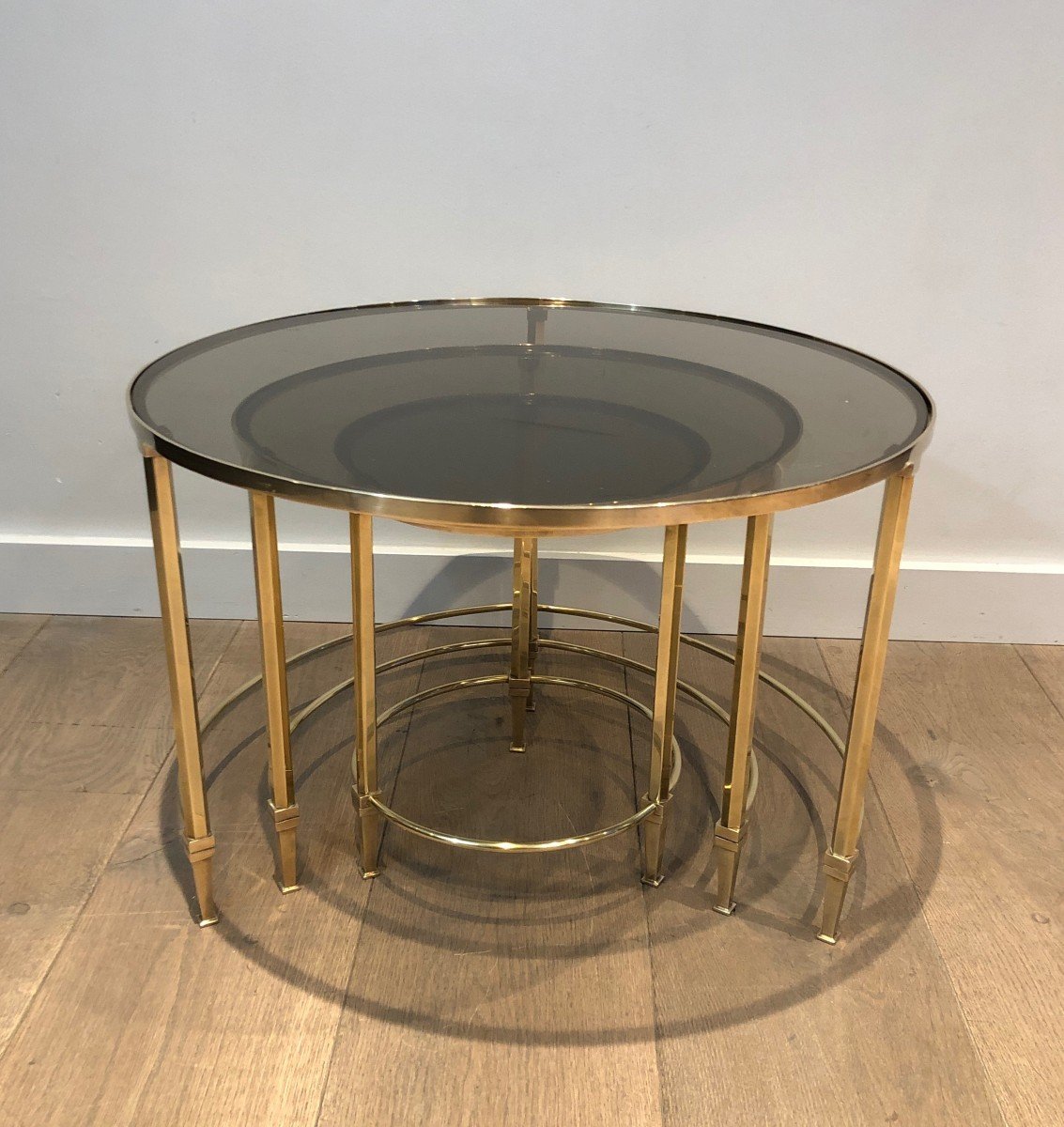 Set Of 3 Round Brass Nesting Tables With Smoked Glass. French Work By Maison Ramsay. Circa 1940-photo-3