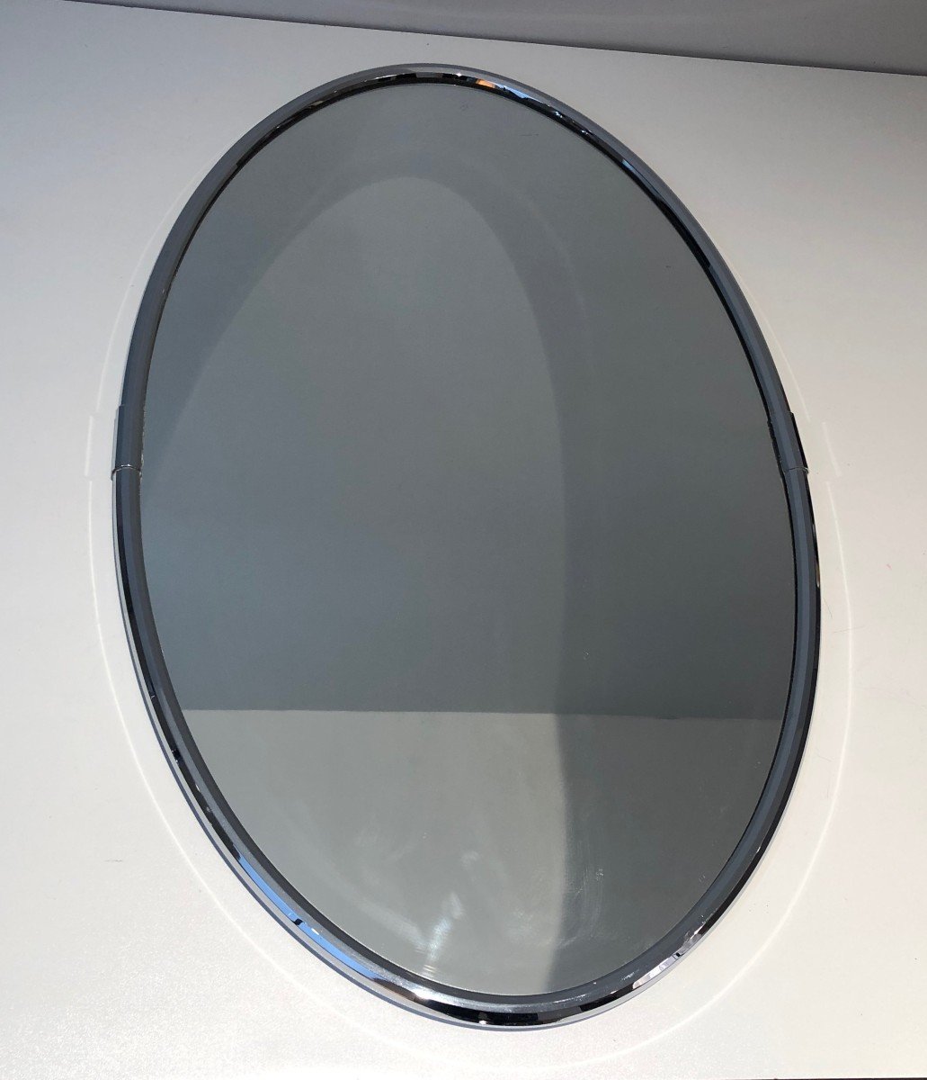 Chromed Oval Mirror In The Art Deco Style. French. Circa 1970-photo-2