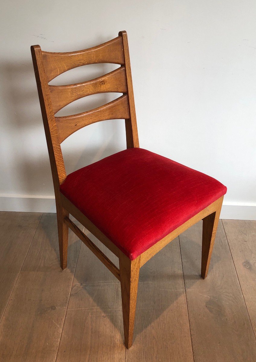 Suite De 6 Chaises En Chêne Et Assises De Velours Rouge. Travail Français. Vers 1940-photo-3