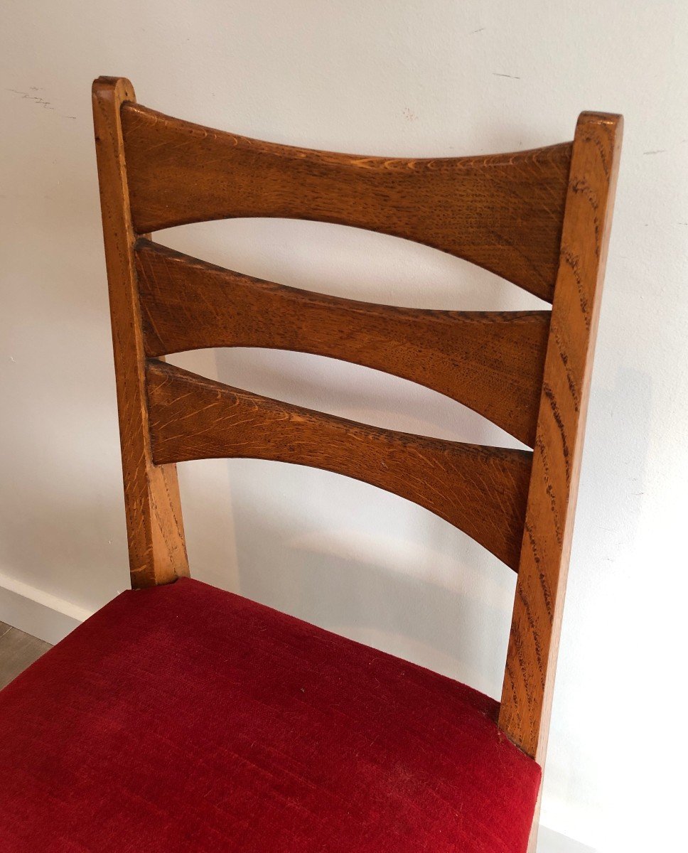 Suite De 6 Chaises En Chêne Et Assises De Velours Rouge. Travail Français. Vers 1940-photo-5