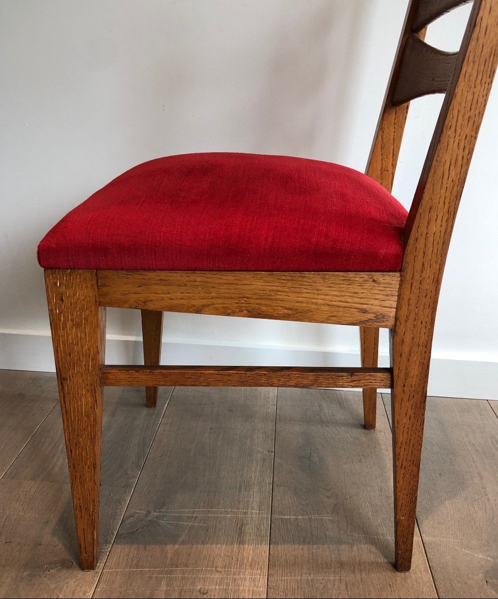 Suite De 6 Chaises En Chêne Et Assises De Velours Rouge. Travail Français. Vers 1940-photo-7