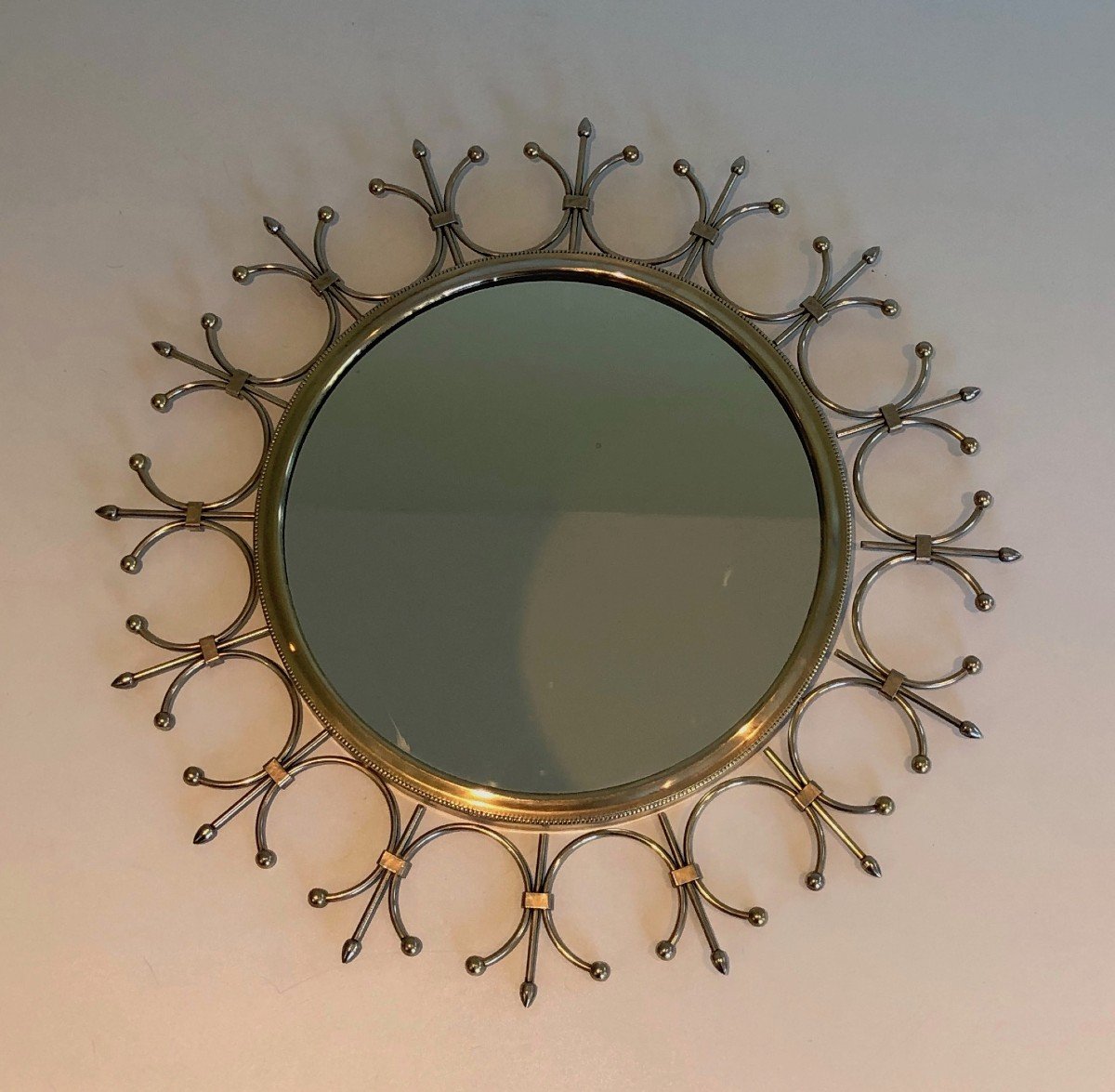 Brass And Brushed Steel Sunburst Mirror. French Work. Circa 1970