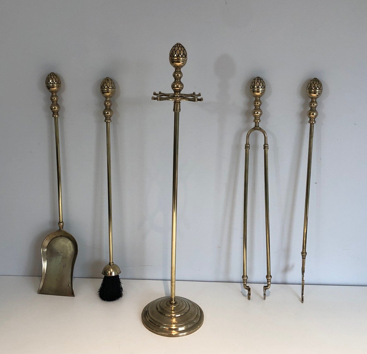 Brass Pineapple Fireplace Tools. French Work In The Style Of Maison Baguès. Circa 1970-photo-2