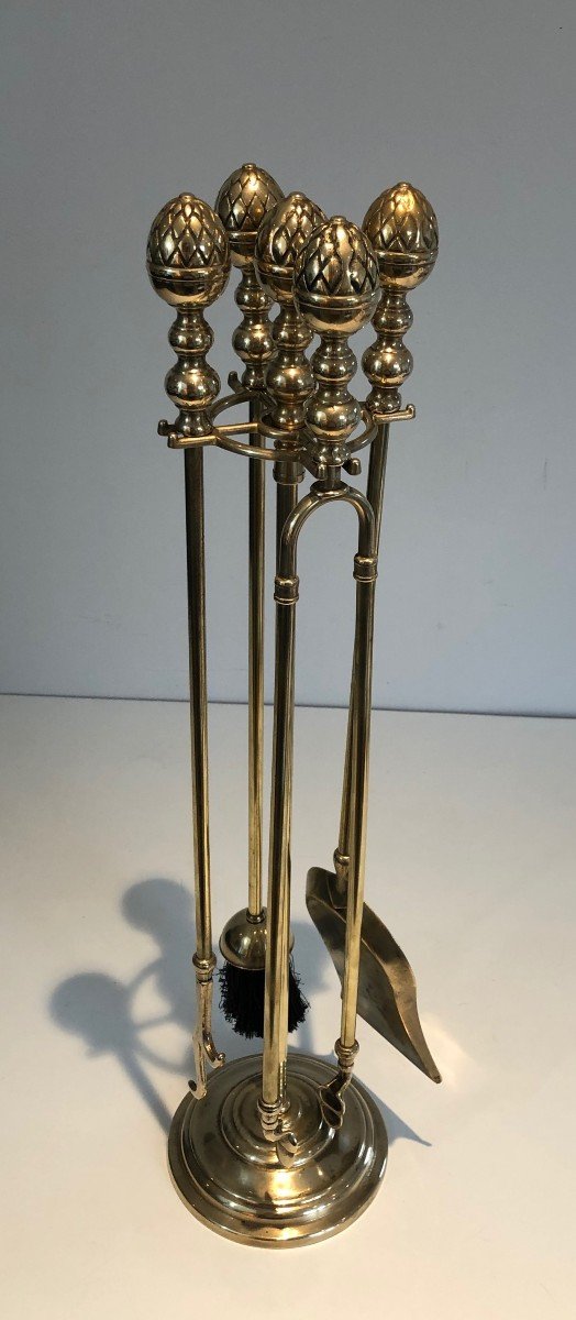 Brass Pineapple Fireplace Tools. French Work In The Style Of Maison Baguès. Circa 1970-photo-8