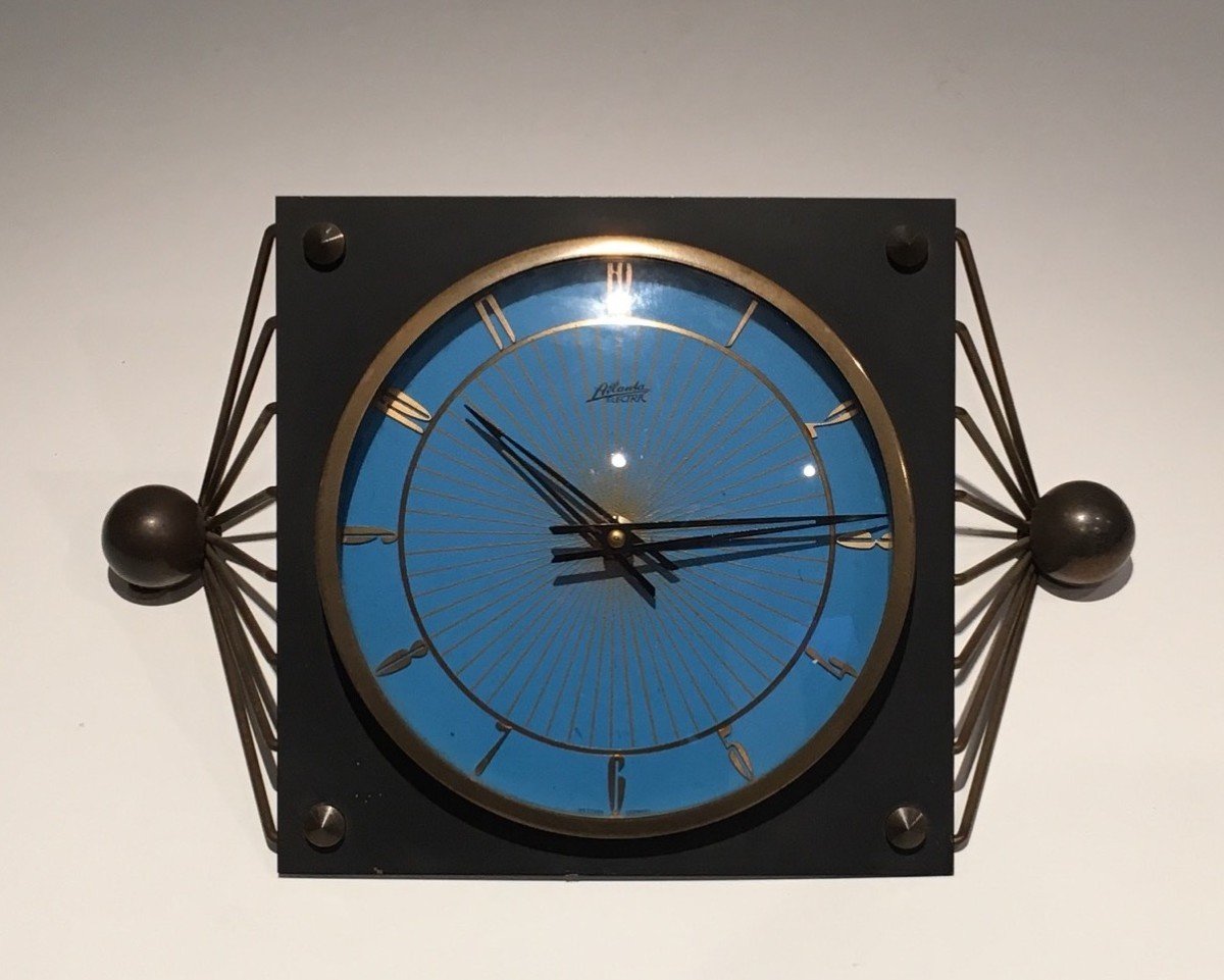 Lacquered Metal, Glass And Brass Clock. Circa 1950