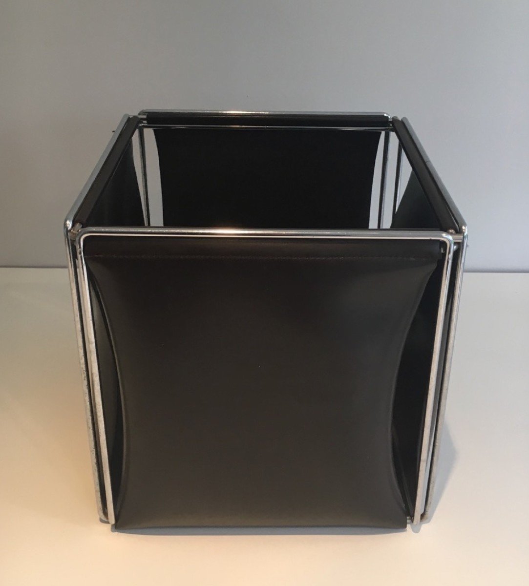 Chrome And Faux-leather Waste Paper Basket. French Work. Circa 1970 -photo-3