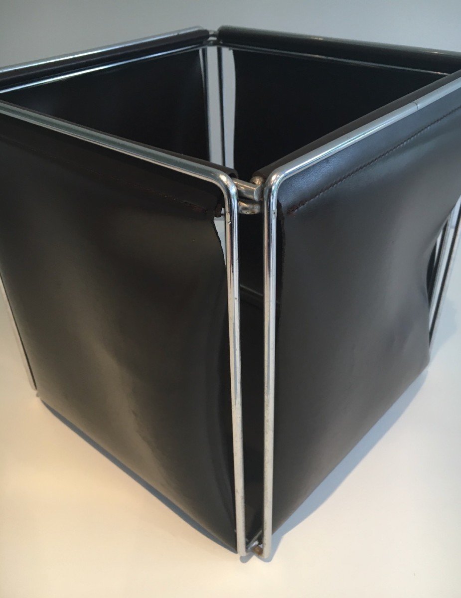 Chrome And Faux-leather Waste Paper Basket. French Work. Circa 1970 -photo-4