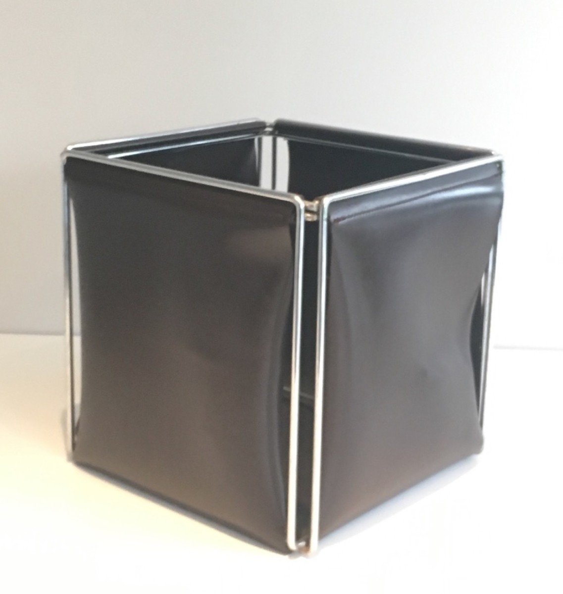 Chrome And Faux-leather Waste Paper Basket. French Work. Circa 1970 -photo-3