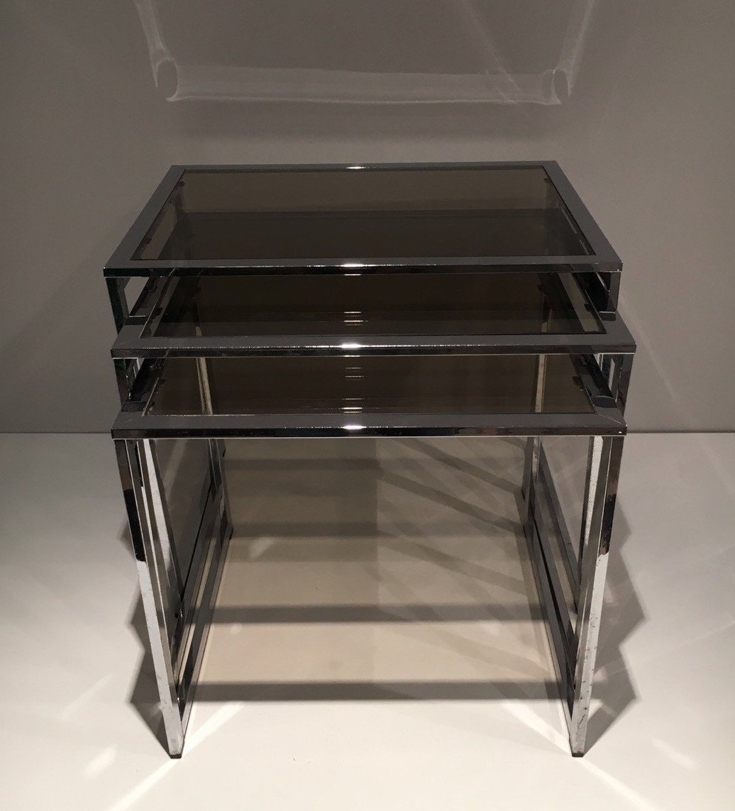 Set Of 3 Chromed Nesting Tables With Smoked Glass Shelves. French Work. Circa 1970-photo-3