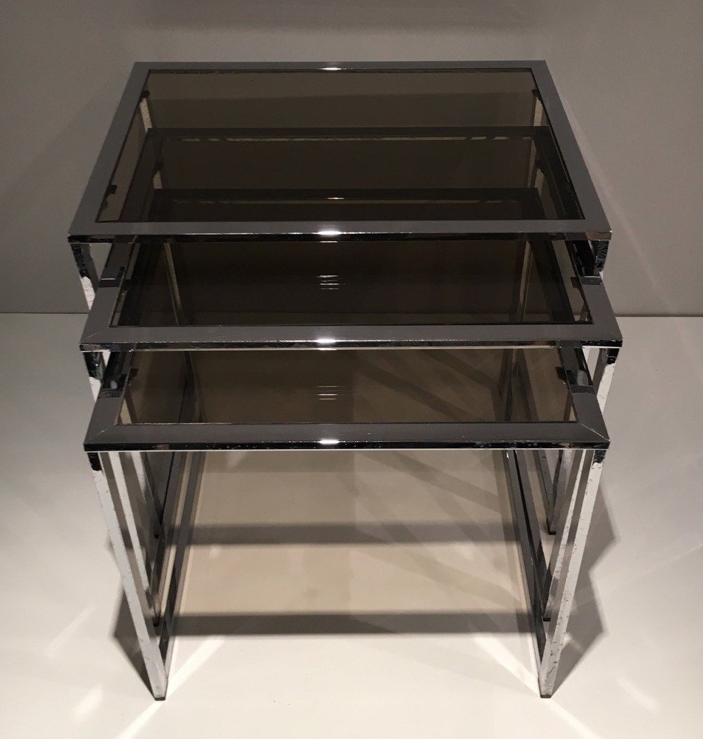 Set Of 3 Chromed Nesting Tables With Smoked Glass Shelves. French Work. Circa 1970-photo-4