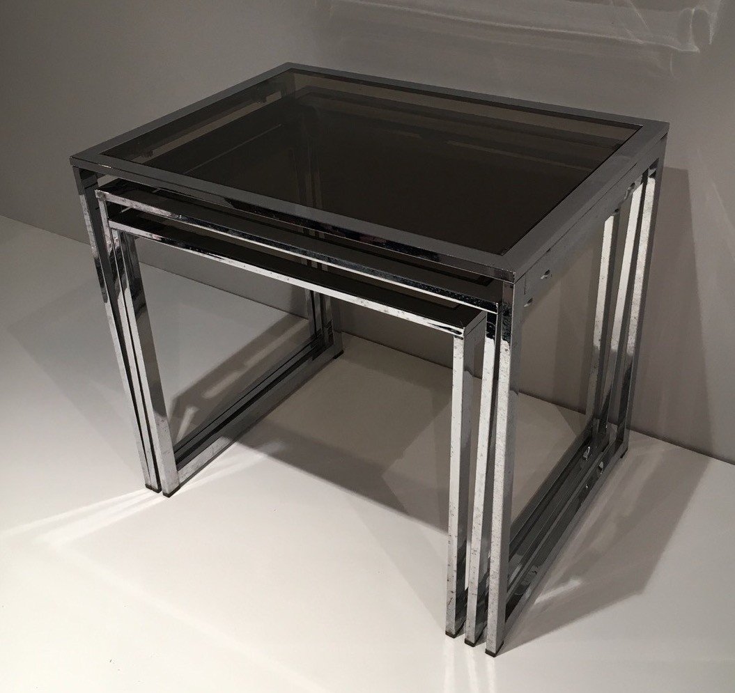 Set Of 3 Chromed Nesting Tables With Smoked Glass Shelves. French Work. Circa 1970-photo-1