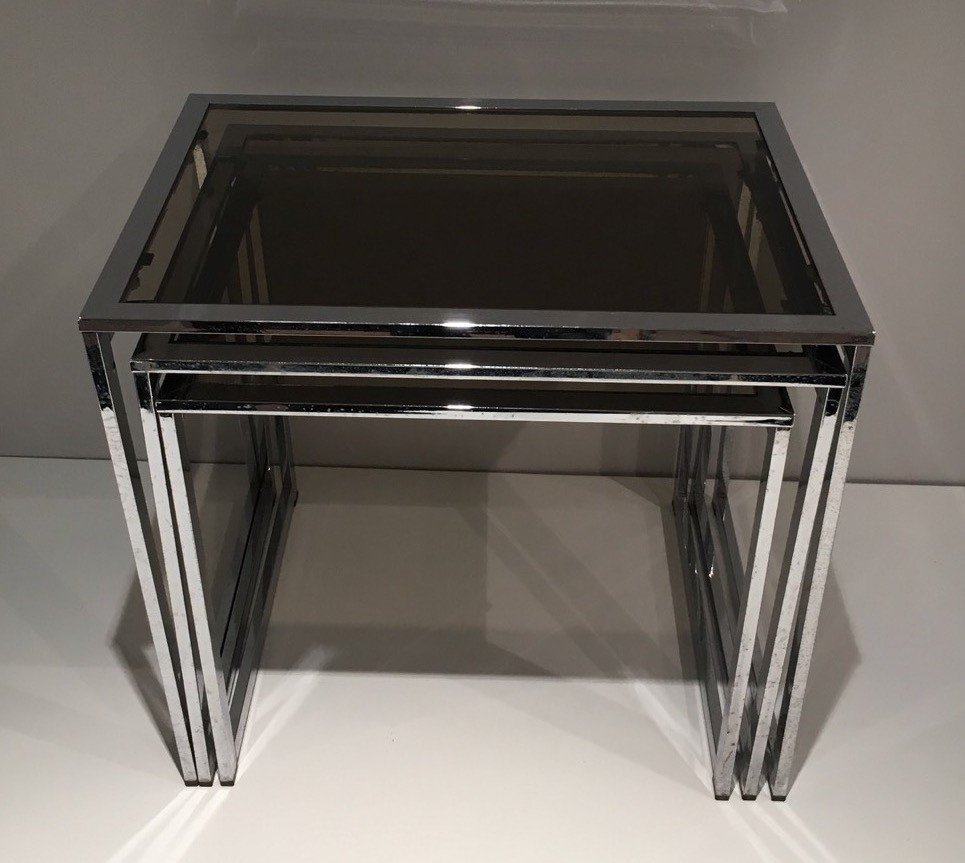 Set Of 3 Chromed Nesting Tables With Smoked Glass Shelves. French Work. Circa 1970-photo-2