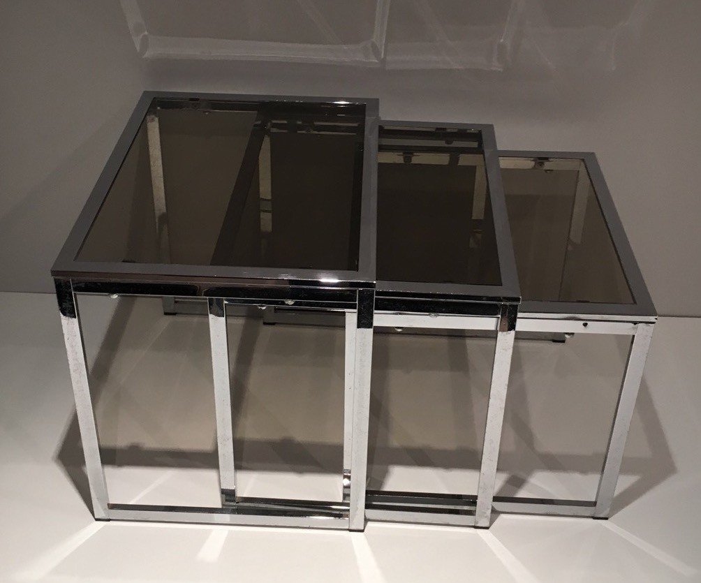 Set Of 3 Chromed Nesting Tables With Smoked Glass Shelves. French Work. Circa 1970-photo-4