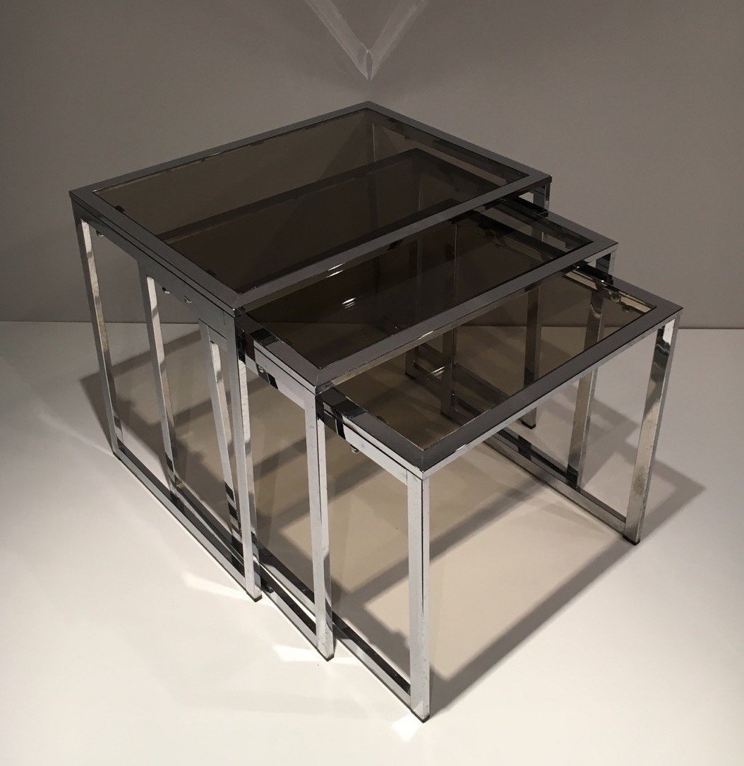 Set Of 3 Chromed Nesting Tables With Smoked Glass Shelves. French Work. Circa 1970-photo-6