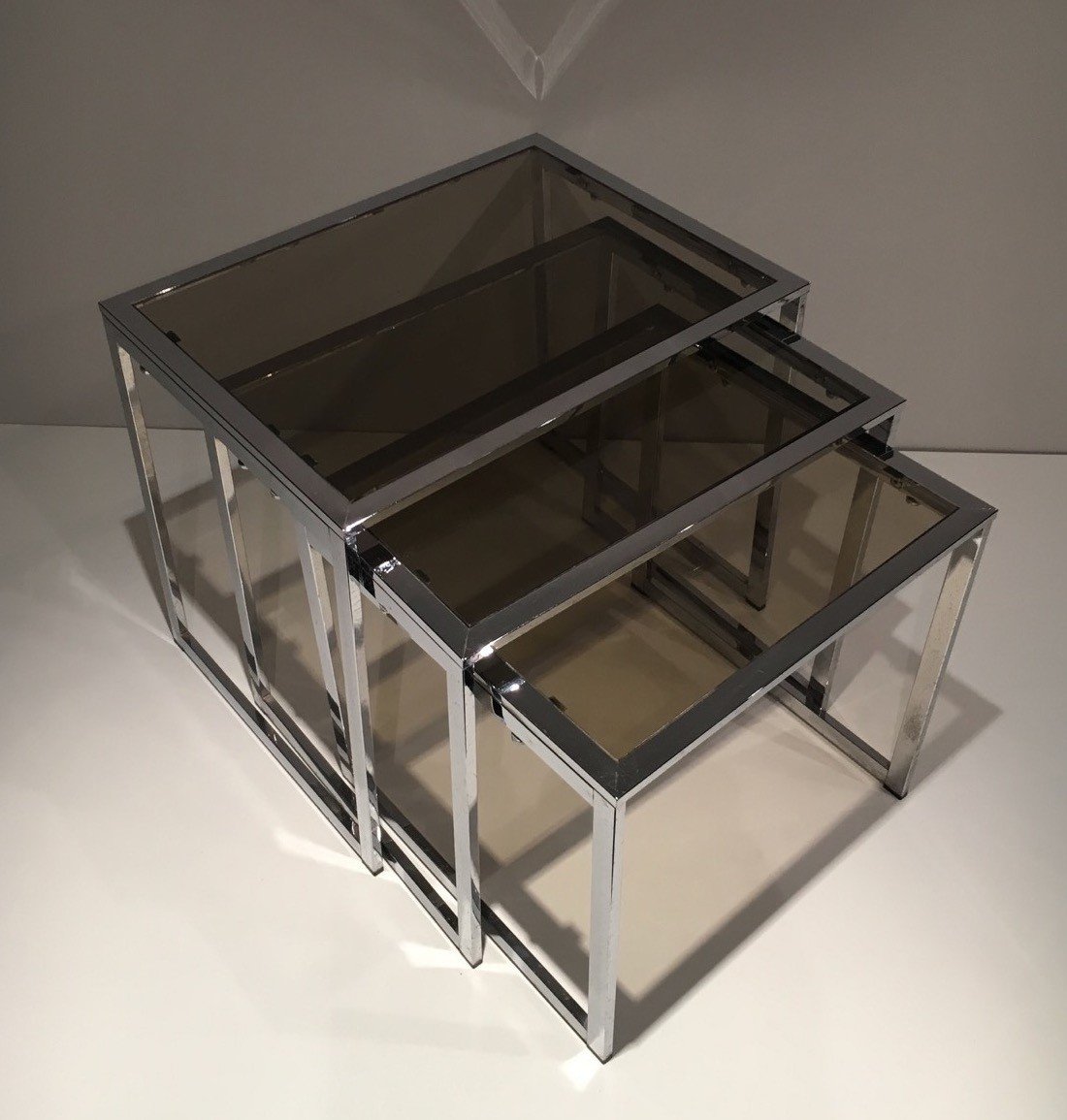 Set Of 3 Chromed Nesting Tables With Smoked Glass Shelves. French Work. Circa 1970-photo-7