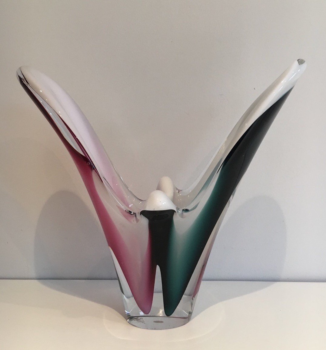Multicolor Glass Coquille Vase. Sweedish Work Signed Flygsfors, 1956