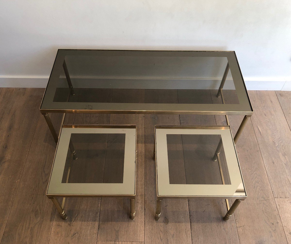 Brass Coffee Table With 2 Nesting Tables That Can Be Used As Side Tables. French Work. Circ 197-photo-3