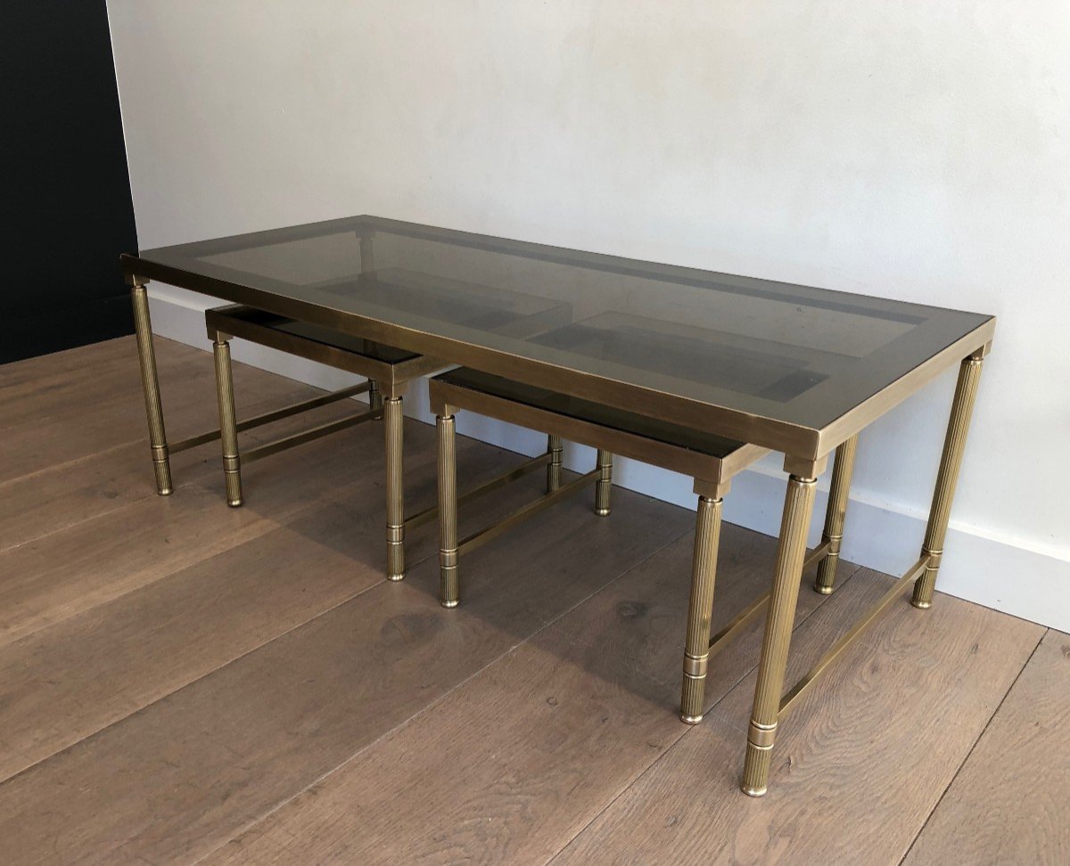 Brass Coffee Table With 2 Nesting Tables That Can Be Used As Side Tables. French Work. Circ 197-photo-1