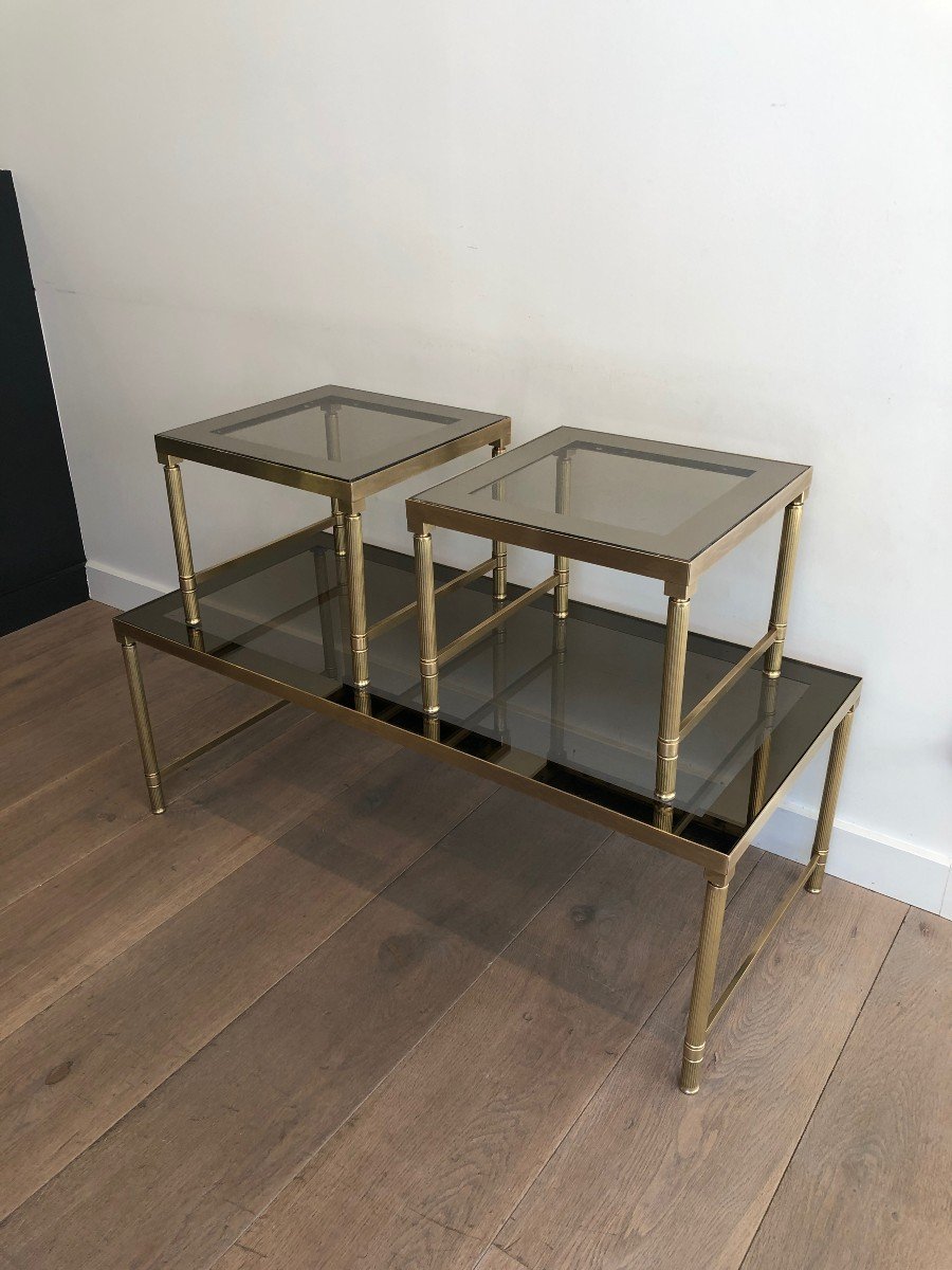 Brass Coffee Table With 2 Nesting Tables That Can Be Used As Side Tables. French Work. Circ 197-photo-2