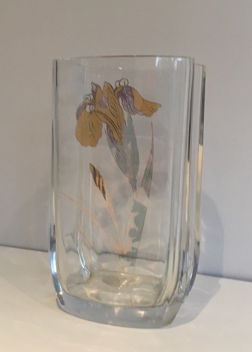 Vase En Verre à Décors d'Une Fleur Dorée. Vers 1970-photo-1