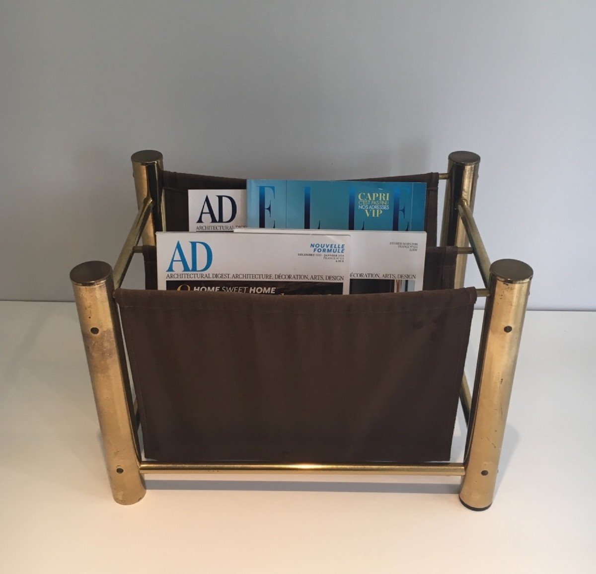 Gilt Metal And Fabric Magazine Rack. French Work. Circa 1970-photo-2