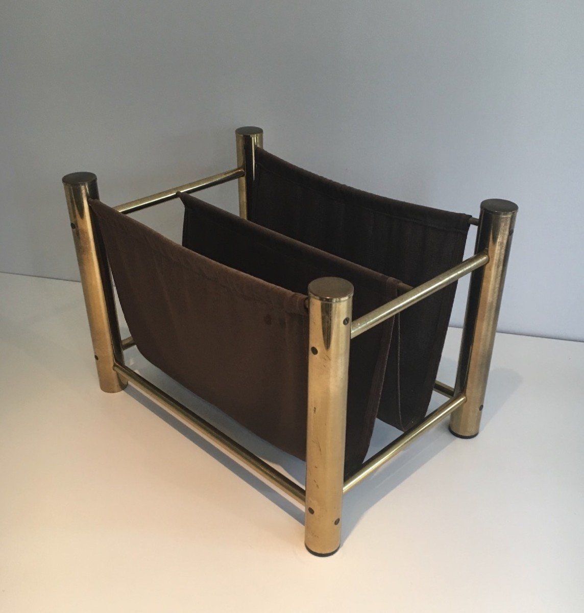 Gilt Metal And Fabric Magazine Rack. French Work. Circa 1970-photo-5