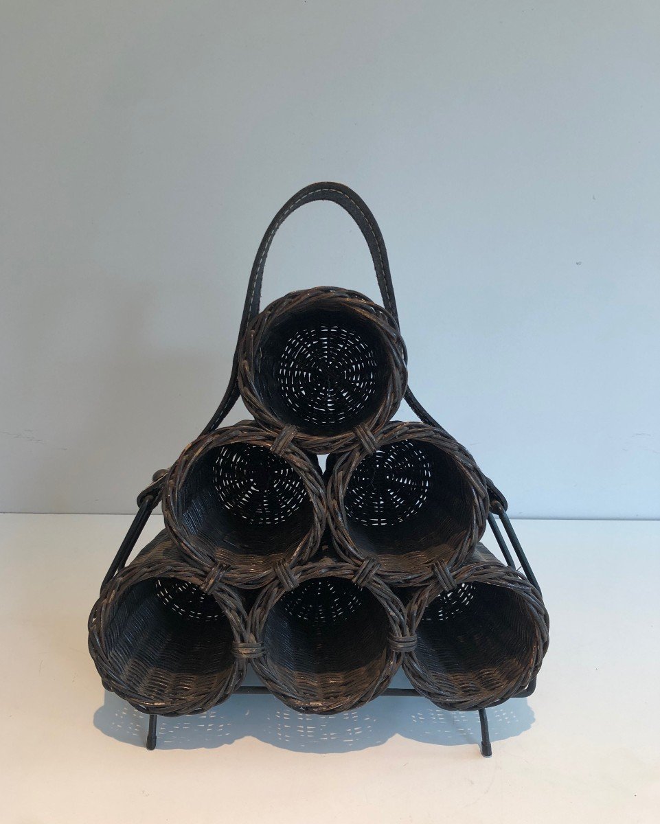 Rattan, Lacquered Metal And Leather Bottles Holder. French Work. Circa 1970-photo-2