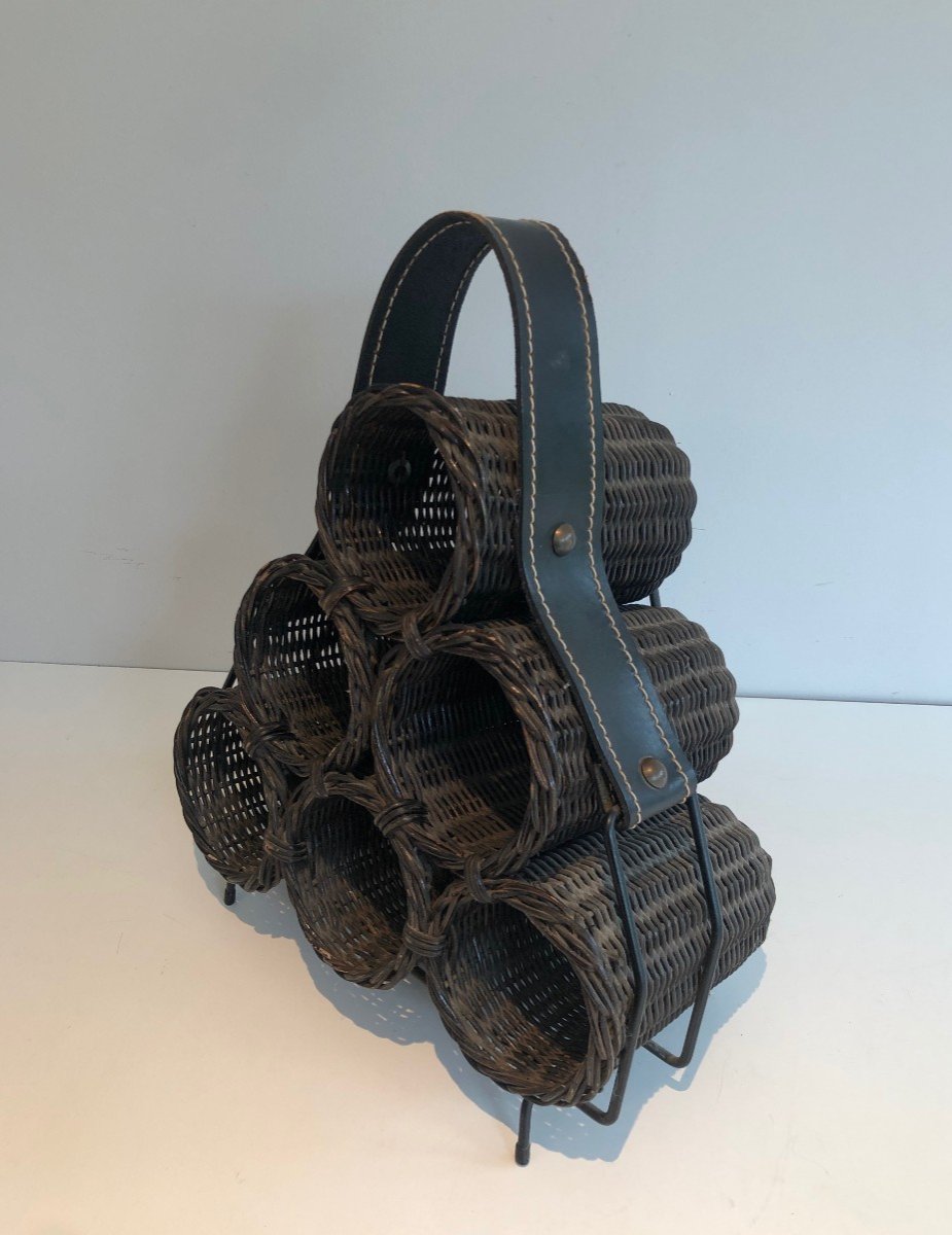 Rattan, Lacquered Metal And Leather Bottles Holder. French Work. Circa 1970-photo-3