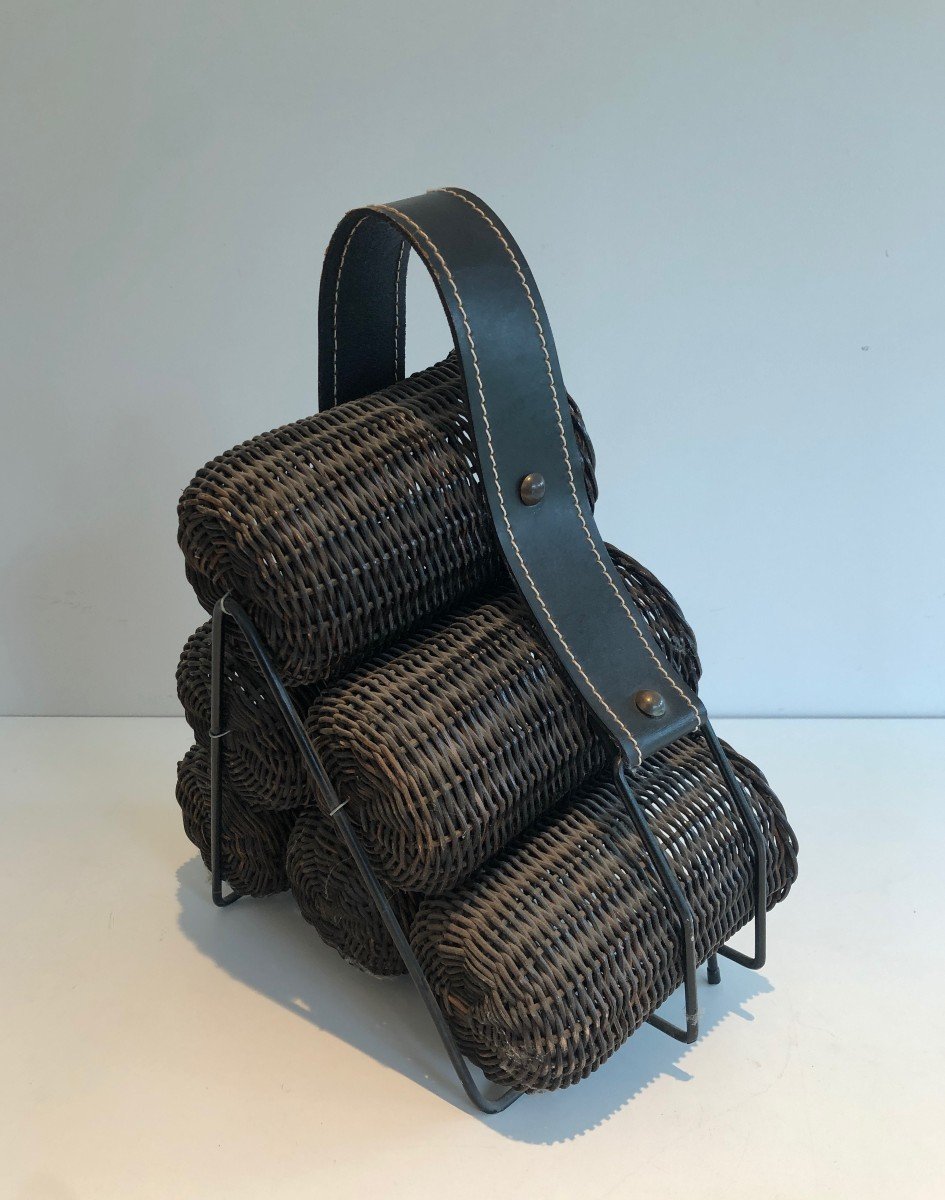 Rattan, Lacquered Metal And Leather Bottles Holder. French Work. Circa 1970-photo-3