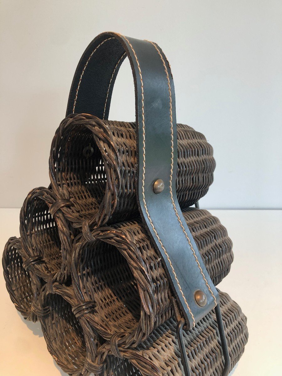 Rattan, Lacquered Metal And Leather Bottles Holder. French Work. Circa 1970-photo-5