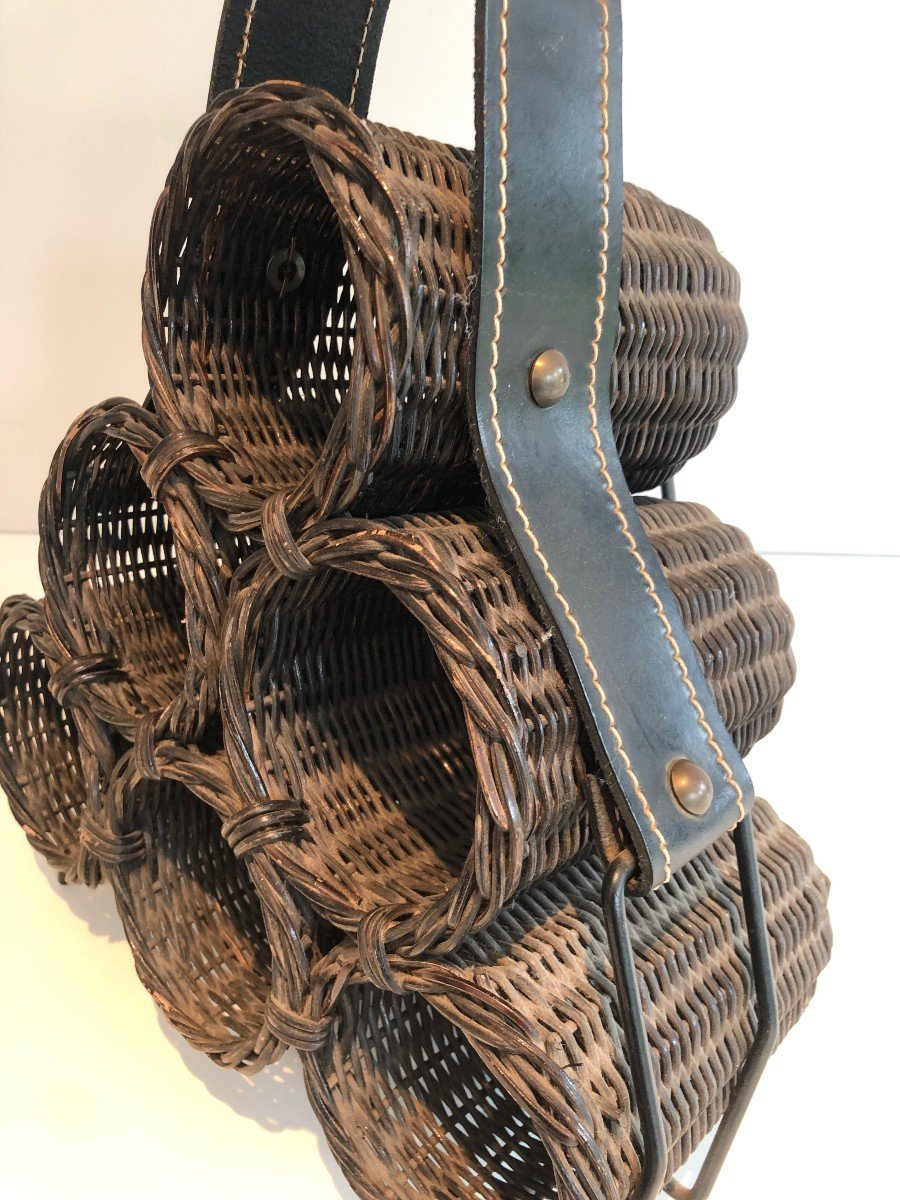 Rattan, Lacquered Metal And Leather Bottles Holder. French Work. Circa 1970-photo-6