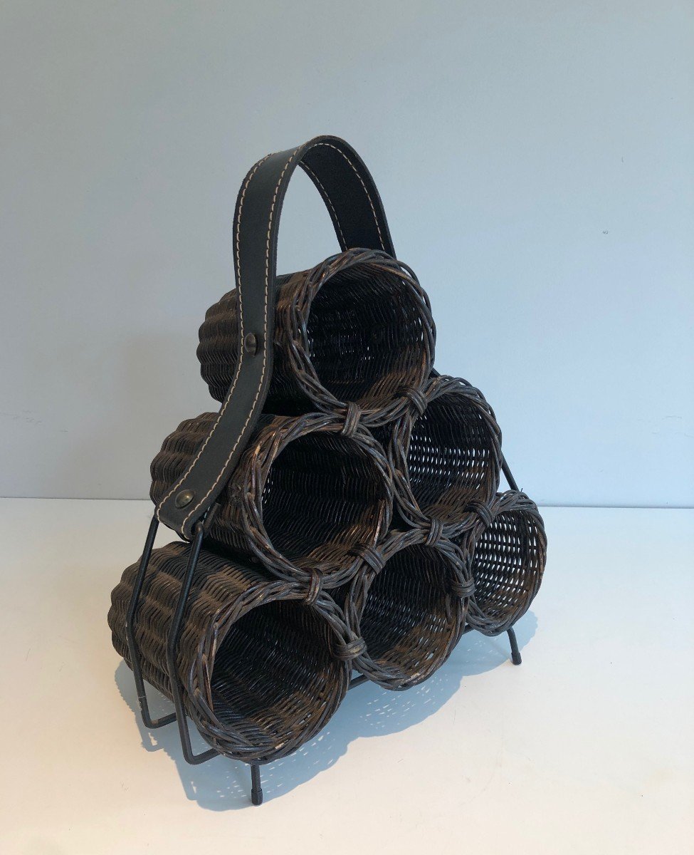 Rattan, Lacquered Metal And Leather Bottles Holder. French Work. Circa 1970