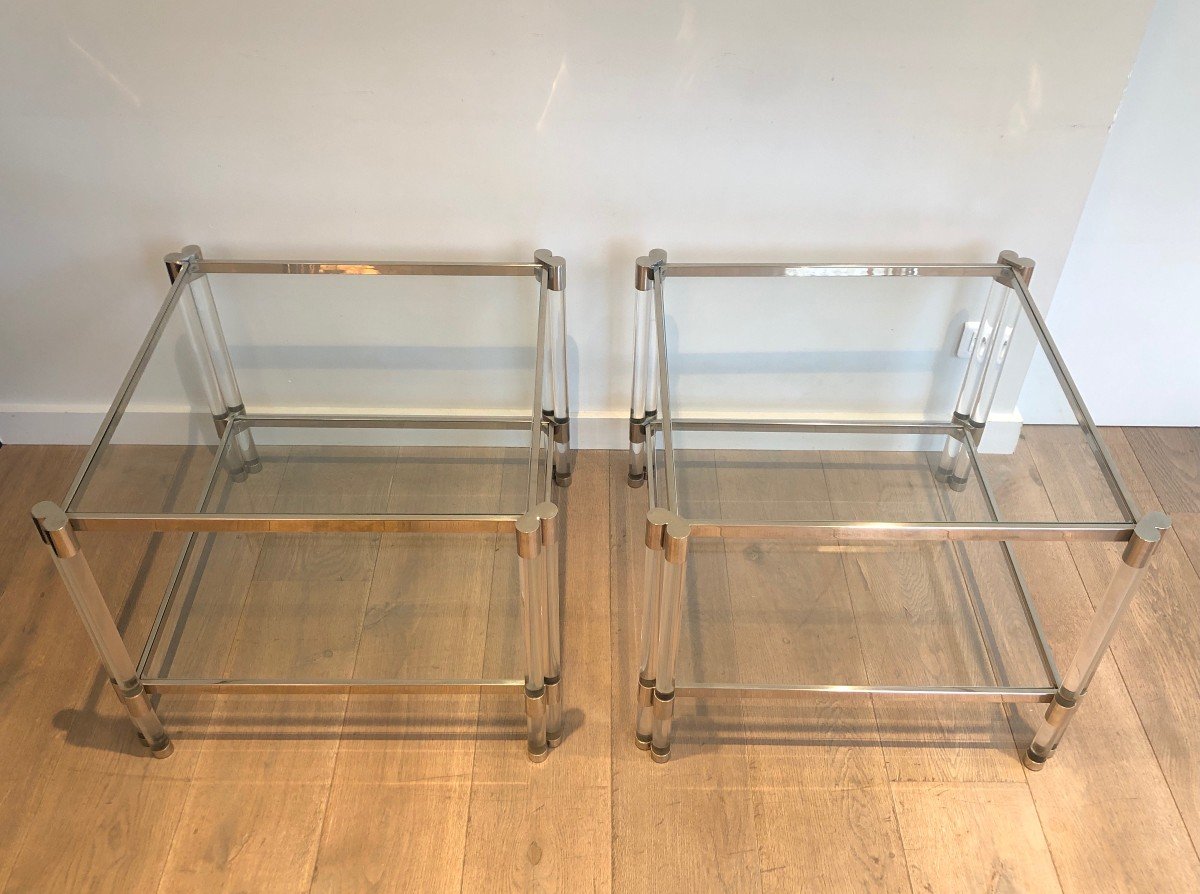 Pair Of Lucite And Chrome Side Tables. French Work. Circa 1970-photo-3