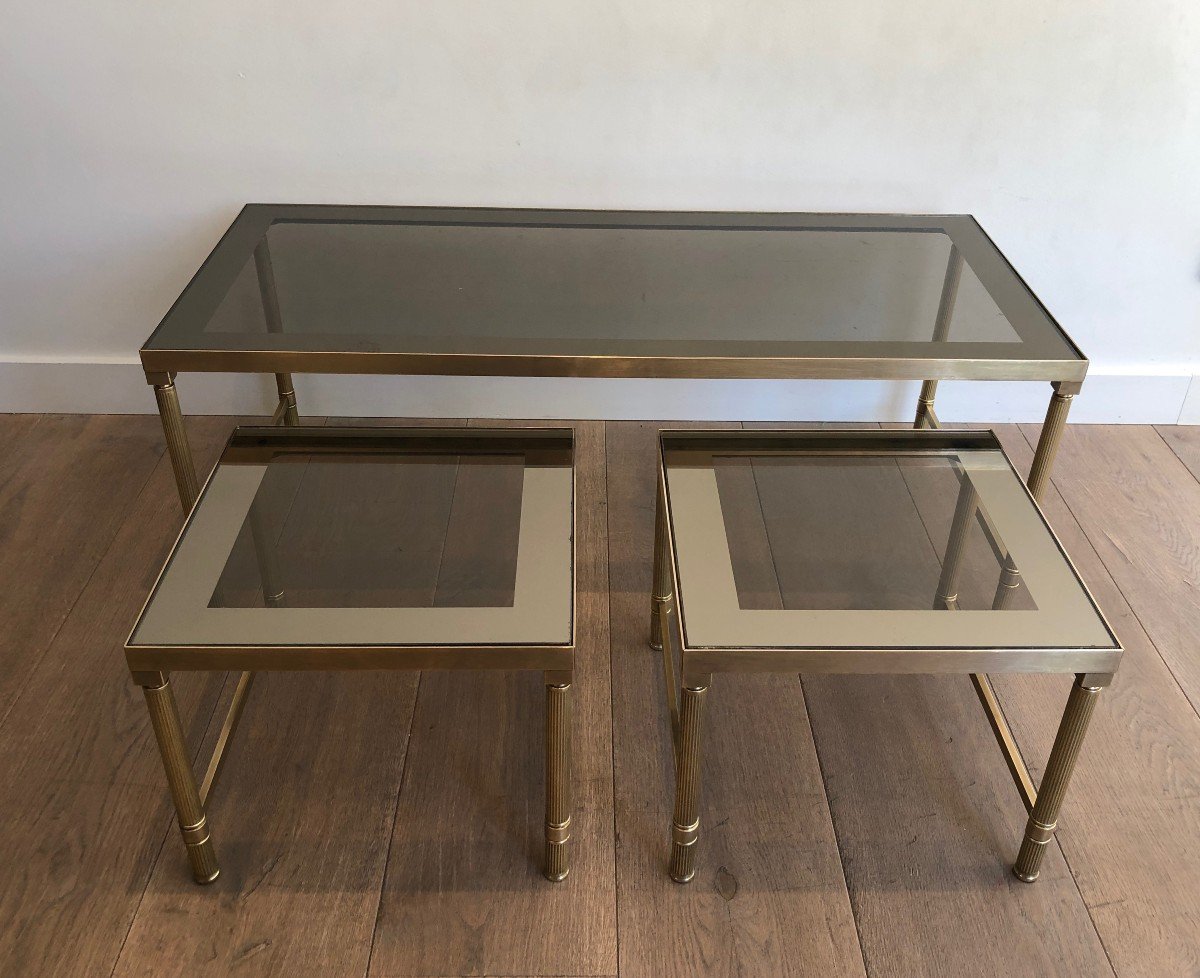 Brass Coffee Table With 2 Nesting Tables That Can Be Used As Side Tables. French Work. 1970's-photo-2