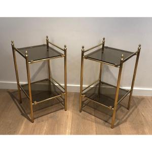 Pair Of Brass Side Tables With Smoked Glass Shelves In The Style Of Maison Jansen