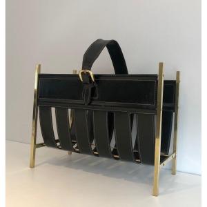 Porte-revues En Laiton Et Cuir Représentant Un Sac à Mains. Travail De Jacques Adnet. Vers 1940