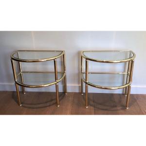 Pair Of Rounded Brass And Chrome Side Tables. French Work. Circa 1970