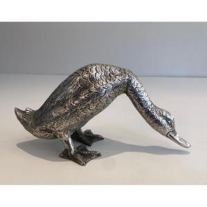 Sculpture En Bronze Argenté Représentant Un Canard