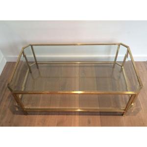 Octogonal Two Tiers Brass Coffee Table. Top Glass Shelf Is Beveled. French Work. Circa 1970