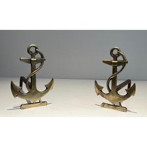 Pair Of Boat Anchor Brass Andirons. This Pair Of Firedogs Are A French Work. Circa 1970