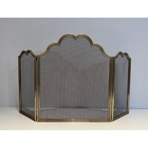 Neoclassical Style Brass And Grilling 3 Panels Fireplace Screen. French Work. Circa 1970