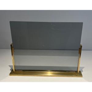 Smoked Glass And Brass Fireplace Screen With Brass Feet. French Work. Circa 1970